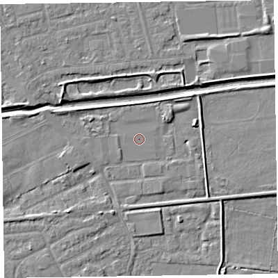 Shaded relief map of the ground around CH461DW, computed from Environment Agency LiDAR. The ground here sits at about 4 m above sea level and falls 5 m across the surrounding 800 m. Surface water reaching this point runs off ground lying to the east-north-east, 3.4 m higher.