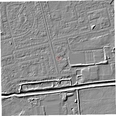 Shaded relief map of the ground around CH461PA, computed from Environment Agency LiDAR. The ground here sits at about 4 m above sea level and falls 5 m across the surrounding 800 m. Surface water reaching this point runs off ground lying to the north-north-east, 0.8 m higher.