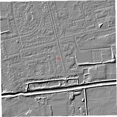 Shaded relief map of the ground around CH461PB, computed from Environment Agency LiDAR. The ground here sits at about 5 m above sea level and falls 5 m across the surrounding 800 m. Surface water reaching this point runs off ground lying to the north, 1.3 m higher.