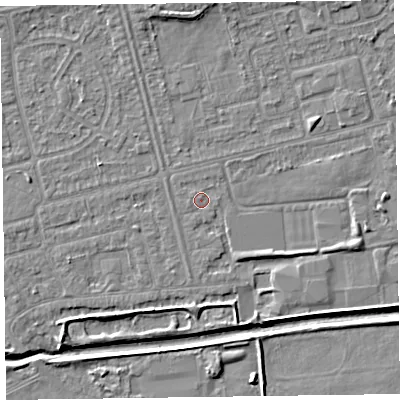 Shaded relief map of the ground around CH461PD, computed from Environment Agency LiDAR. The ground here sits at about 5 m above sea level and falls 6 m across the surrounding 800 m. The ground contributing surface water to this point lies to the north-north-east.