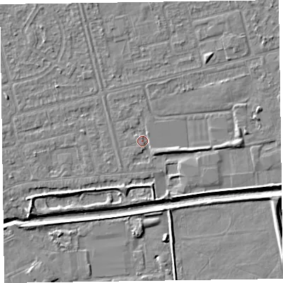 Shaded relief map of the ground around CH461PE, computed from Environment Agency LiDAR. The ground here sits at about 5 m above sea level and falls 5 m across the surrounding 800 m. Surface water reaching this point runs off ground lying to the south-south-west, 2.2 m higher.
