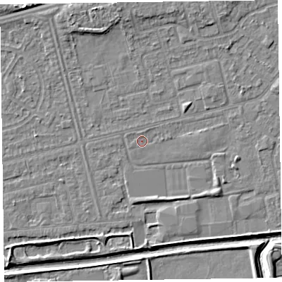 Shaded relief map of the ground around CH461PF, computed from Environment Agency LiDAR. The ground here sits at about 4 m above sea level and falls 7 m across the surrounding 800 m. Surface water reaching this point runs off ground lying to the north, 0.7 m higher.