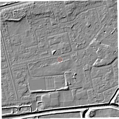 Shaded relief map of the ground around CH461PG, computed from Environment Agency LiDAR. The ground here sits at about 4 m above sea level and falls 6 m across the surrounding 800 m. Surface water reaching this point runs off ground lying to the south-east, 1.3 m higher.