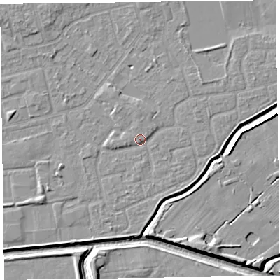 Shaded relief map of the ground around CH461PJ, computed from Environment Agency LiDAR. The ground here sits at about 6 m above sea level and falls 7 m across the surrounding 800 m. Surface water reaching this point runs off ground lying to the north, 1.3 m higher.