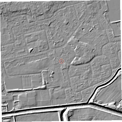 Shaded relief map of the ground around CH461PL, computed from Environment Agency LiDAR. The ground here sits at about 5 m above sea level and falls 7 m across the surrounding 800 m. Surface water reaching this point runs off ground lying to the north-east, 1.5 m higher.