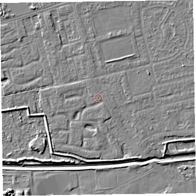 Shaded relief map of the ground around CH461PP, computed from Environment Agency LiDAR. The ground here sits at about 5 m above sea level and falls 9 m across the surrounding 800 m. Surface water reaching this point runs off ground lying to the south-east, 0.9 m higher.