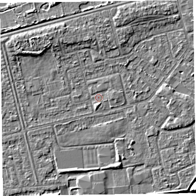 Shaded relief map of the ground around CH461PQ, computed from Environment Agency LiDAR. The ground here sits at about 5 m above sea level and falls 6 m across the surrounding 800 m. Surface water reaching this point runs off ground lying to the north, 2.4 m higher.