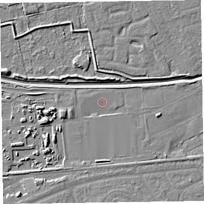 Shaded relief map of the ground around CH461PR, computed from Environment Agency LiDAR. The ground here sits at about 4 m above sea level and falls 9 m across the surrounding 800 m. Surface water reaching this point runs off ground lying to the west-south-west, 3.5 m higher.