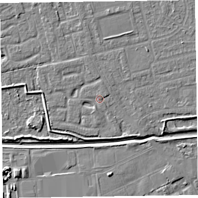 Shaded relief map of the ground around CH461PT, computed from Environment Agency LiDAR. The ground here sits at about 5 m above sea level and falls 9 m across the surrounding 800 m. Surface water reaching this point runs off ground lying to the south-south-west, 2.1 m higher.
