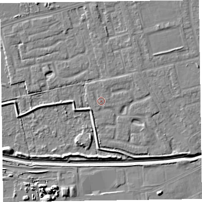 Shaded relief map of the ground around CH461PU, computed from Environment Agency LiDAR. The ground here sits at about 5 m above sea level and falls 9 m across the surrounding 800 m. Surface water reaching this point runs off ground lying to the north, 1.0 m higher.