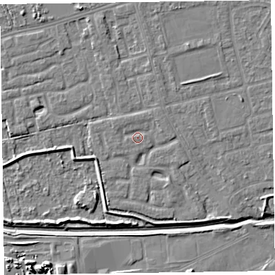 Shaded relief map of the ground around CH461PW, computed from Environment Agency LiDAR. The ground here sits at about 5 m above sea level and falls 9 m across the surrounding 800 m. Surface water reaching this point runs off ground lying to the north-north-west, 1.1 m higher.