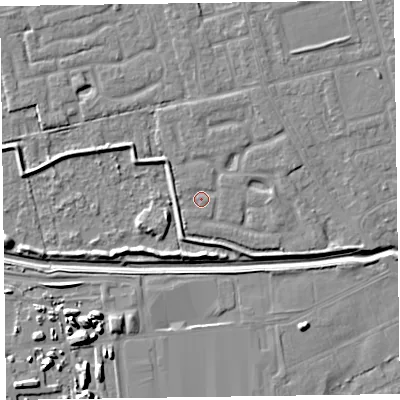 Shaded relief map of the ground around CH461PX, computed from Environment Agency LiDAR. The ground here sits at about 4 m above sea level and falls 9 m across the surrounding 800 m. Surface water reaching this point runs off ground lying to the east-south-east, 2.1 m higher.