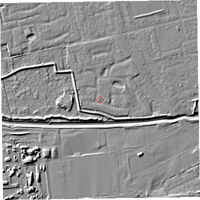 Shaded relief map of the ground around CH461PY, computed from Environment Agency LiDAR. The ground here sits at about 4 m above sea level and falls 9 m across the surrounding 800 m. Surface water reaching this point runs off ground lying to the east-south-east, 2.1 m higher.