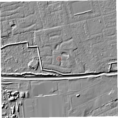 Shaded relief map of the ground around CH461PZ, computed from Environment Agency LiDAR. The ground here sits at about 5 m above sea level and falls 10 m across the surrounding 800 m. Surface water reaching this point runs off ground lying to the east, 1.6 m higher.