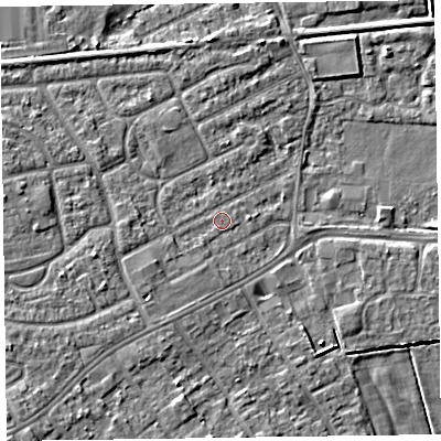 Shaded relief map of the ground around CH461QD, computed from Environment Agency LiDAR. The ground here sits at about 5 m above sea level and falls 8 m across the surrounding 800 m. Surface water reaching this point runs off ground lying to the south-west, 5.1 m higher.