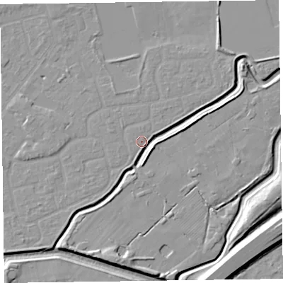 Shaded relief map of the ground around CH461QF, computed from Environment Agency LiDAR. The ground here sits at about 5 m above sea level and falls 9 m across the surrounding 800 m. Surface water reaching this point runs off ground lying to the south-west, 1.2 m higher.