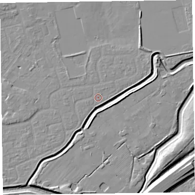 Shaded relief map of the ground around CH461QG, computed from Environment Agency LiDAR. The ground here sits at about 5 m above sea level and falls 9 m across the surrounding 800 m. Surface water reaching this point runs off ground lying to the south-west, 1.2 m higher.