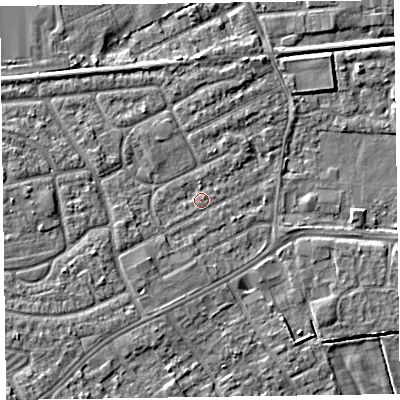 Shaded relief map of the ground around CH461QH, computed from Environment Agency LiDAR. The ground here sits at about 5 m above sea level and falls 7 m across the surrounding 800 m. Surface water reaching this point runs off ground lying to the south-west, 5.7 m higher.
