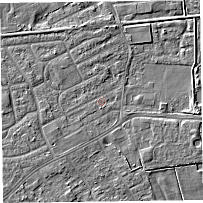 Shaded relief map of the ground around CH461QJ, computed from Environment Agency LiDAR. The ground here sits at about 5 m above sea level and falls 7 m across the surrounding 800 m. Surface water reaching this point runs off ground lying to the south-west, 4.8 m higher.