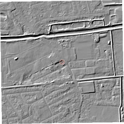 Shaded relief map of the ground around CH461QN, computed from Environment Agency LiDAR. The ground here sits at about 4 m above sea level and falls 6 m across the surrounding 800 m. Surface water reaching this point runs off ground lying to the east-north-east, 3.4 m higher.