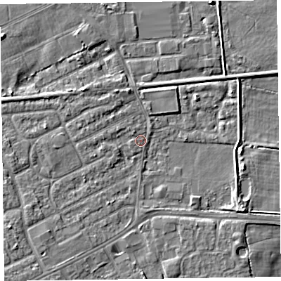 Shaded relief map of the ground around CH461QR, computed from Environment Agency LiDAR. The ground here sits at about 4 m above sea level and falls 5 m across the surrounding 800 m. Surface water reaching this point runs off ground lying to the south-west, 4.6 m higher.