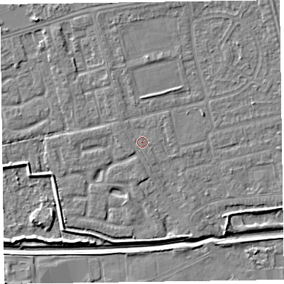Shaded relief map of the ground around CH461QS, computed from Environment Agency LiDAR. The ground here sits at about 5 m above sea level and falls 6 m across the surrounding 800 m. Surface water reaching this point runs off ground lying to the north-west, 0.6 m higher.