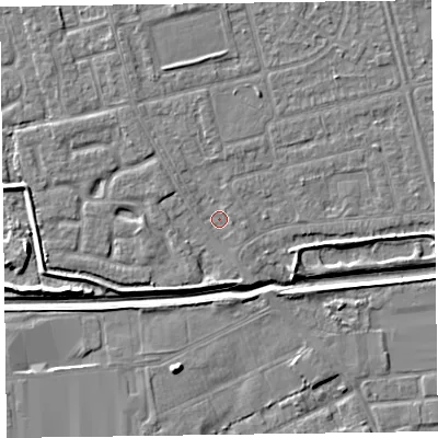 Shaded relief map of the ground around CH461QT, computed from Environment Agency LiDAR. The ground here sits at about 4 m above sea level and falls 6 m across the surrounding 800 m. Surface water reaching this point runs off ground lying to the south, 2.1 m higher.