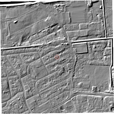 Shaded relief map of the ground around CH461QU, computed from Environment Agency LiDAR. The ground here sits at about 5 m above sea level and falls 6 m across the surrounding 800 m. Surface water reaching this point runs off ground lying to the south-west, 3.3 m higher.