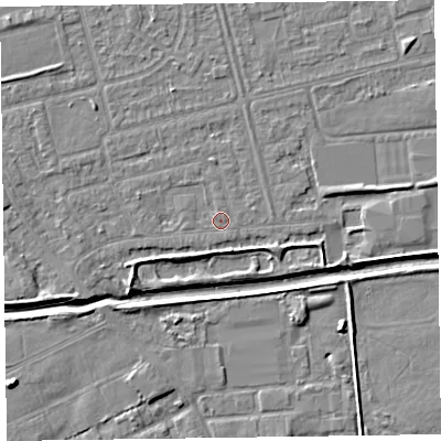 Shaded relief map of the ground around CH461QY, computed from Environment Agency LiDAR. The ground here sits at about 4 m above sea level and falls 6 m across the surrounding 800 m. Surface water reaching this point runs off ground lying to the south-south-east, 2.0 m higher.