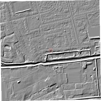 Shaded relief map of the ground around CH461QZ, computed from Environment Agency LiDAR. The ground here sits at about 4 m above sea level and falls 6 m across the surrounding 800 m. Surface water reaching this point runs off ground lying to the west-south-west, 2.1 m higher.