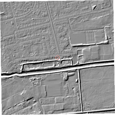 Shaded relief map of the ground around CH461RA, computed from Environment Agency LiDAR. The ground here sits at about 4 m above sea level and falls 5 m across the surrounding 800 m. Surface water reaching this point runs off ground lying to the west-south-west, 2.0 m higher.