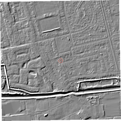 Shaded relief map of the ground around CH461RE, computed from Environment Agency LiDAR. The ground here sits at about 5 m above sea level and falls 6 m across the surrounding 800 m. Surface water reaching this point runs off ground lying to the north-north-west, 0.6 m higher.