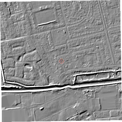 Shaded relief map of the ground around CH461RF, computed from Environment Agency LiDAR. The ground here sits at about 5 m above sea level and falls 6 m across the surrounding 800 m. Surface water reaching this point runs off ground lying to the north-west, 0.5 m higher.
