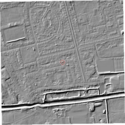 Shaded relief map of the ground around CH461RG, computed from Environment Agency LiDAR. The ground here sits at about 5 m above sea level and falls 5 m across the surrounding 800 m. Surface water reaching this point runs off ground lying to the north-west, 2.2 m higher.