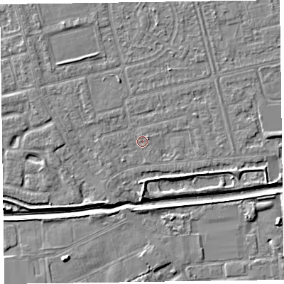 Shaded relief map of the ground around CH461RH, computed from Environment Agency LiDAR. The ground here sits at about 4 m above sea level and falls 6 m across the surrounding 800 m. Surface water reaching this point runs off ground lying to the south-west, 2.1 m higher.