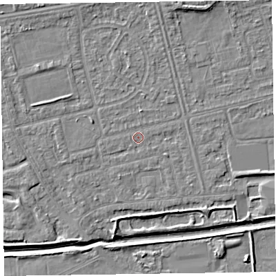 Shaded relief map of the ground around CH461RL, computed from Environment Agency LiDAR. The ground here sits at about 5 m above sea level and falls 5 m across the surrounding 800 m. Surface water reaching this point runs off ground lying to the north, 1.0 m higher.
