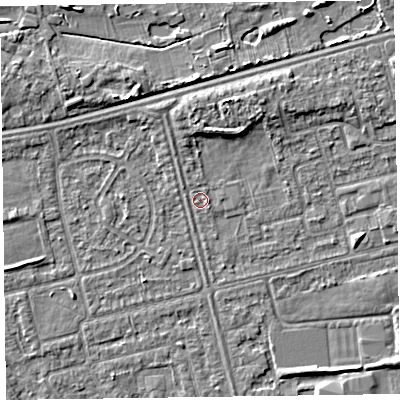 Shaded relief map of the ground around CH461RN, computed from Environment Agency LiDAR. The ground here sits at about 5 m above sea level and falls 5 m across the surrounding 800 m. Surface water reaching this point runs off ground lying to the north, 2.5 m higher.