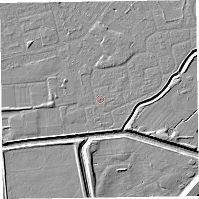 Shaded relief map of the ground around CH461RP, computed from Environment Agency LiDAR. The ground here sits at about 5 m above sea level and falls 10 m across the surrounding 800 m. Surface water reaching this point runs off ground lying to the east, 0.9 m higher.