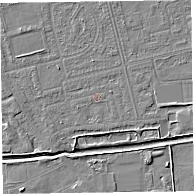 Shaded relief map of the ground around CH461RQ, computed from Environment Agency LiDAR. The ground here sits at about 4 m above sea level and falls 6 m across the surrounding 800 m. Surface water reaching this point runs off ground lying to the north-west, 2.2 m higher.