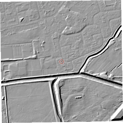 Shaded relief map of the ground around CH461RS, computed from Environment Agency LiDAR. The ground here sits at about 5 m above sea level and falls 10 m across the surrounding 800 m. Surface water reaching this point runs off ground lying to the north-east, 0.9 m higher.