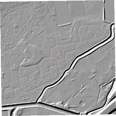 Shaded relief map of the ground around CH461RT, computed from Environment Agency LiDAR. The ground here sits at about 5 m above sea level and falls 8 m across the surrounding 800 m. Surface water reaching this point runs off ground lying to the west-south-west, 0.7 m higher.