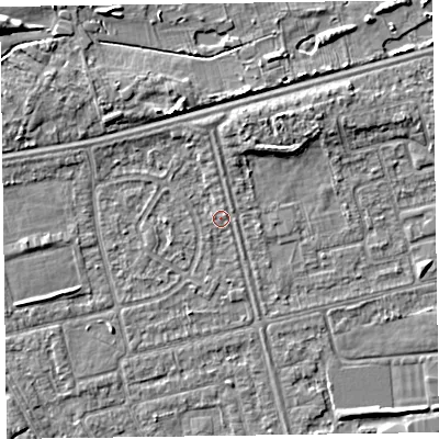 Shaded relief map of the ground around CH461RW, computed from Environment Agency LiDAR. The ground here sits at about 5 m above sea level and falls 5 m across the surrounding 800 m. Surface water reaching this point runs off ground lying to the north, 1.5 m higher.