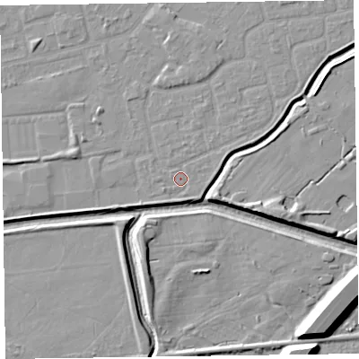 Shaded relief map of the ground around CH461RY, computed from Environment Agency LiDAR. The ground here sits at about 5 m above sea level and falls 10 m across the surrounding 800 m. Surface water reaching this point runs off ground lying to the east-north-east, 1.0 m higher.