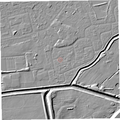 Shaded relief map of the ground around CH461SA, computed from Environment Agency LiDAR. The ground here sits at about 5 m above sea level and falls 10 m across the surrounding 800 m. Surface water reaching this point runs off ground lying to the south-east, 0.8 m higher.
