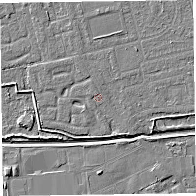 Shaded relief map of the ground around CH461SG, computed from Environment Agency LiDAR. The ground here sits at about 5 m above sea level and falls 6 m across the surrounding 800 m. Surface water reaching this point runs off ground lying to the south-south-east, 2.1 m higher.