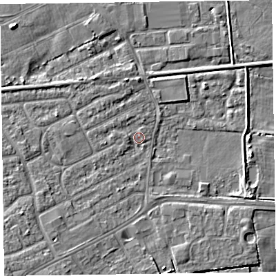 Shaded relief map of the ground around CH461SL, computed from Environment Agency LiDAR. The ground here sits at about 4 m above sea level and falls 5 m across the surrounding 800 m. Surface water reaching this point runs off ground lying to the south-west, 4.9 m higher.