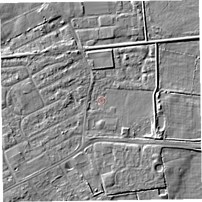 Shaded relief map of the ground around CH461SN, computed from Environment Agency LiDAR. The ground here sits at about 4 m above sea level and falls 5 m across the surrounding 800 m. Surface water reaching this point runs off ground lying to the south, 4.1 m higher.