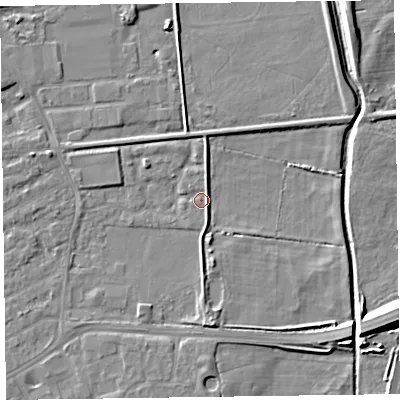 Shaded relief map of the ground around CH461SR, computed from Environment Agency LiDAR. The ground here sits at about 4 m above sea level and falls 9 m across the surrounding 800 m. Surface water reaching this point runs off ground lying to the south, 3.4 m higher.