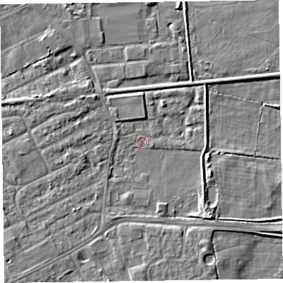 Shaded relief map of the ground around CH461SS, computed from Environment Agency LiDAR. The ground here sits at about 4 m above sea level and falls 5 m across the surrounding 800 m. Surface water reaching this point runs off ground lying to the south-west, 3.8 m higher.