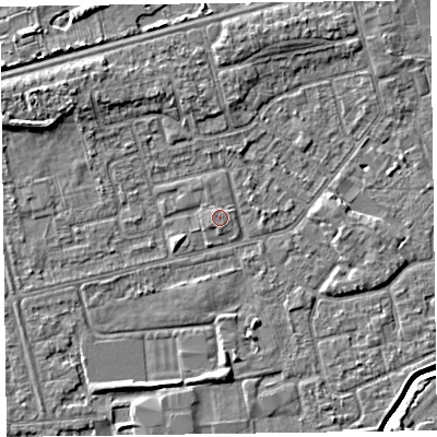 Shaded relief map of the ground around CH462AB, computed from Environment Agency LiDAR. The ground here sits at about 5 m above sea level and falls 5 m across the surrounding 800 m. The ground contributing surface water to this point lies to the south.